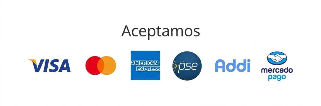 Logotipos de métodos de pago aceptados: Visa, Mastercard, American Express, PSE, Addi y Mercado Pago.